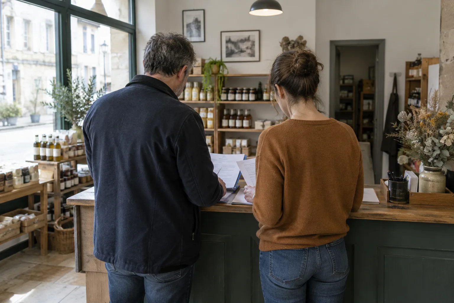 Deux personnes échangent des documents dans un commerce en préparation de transmission.