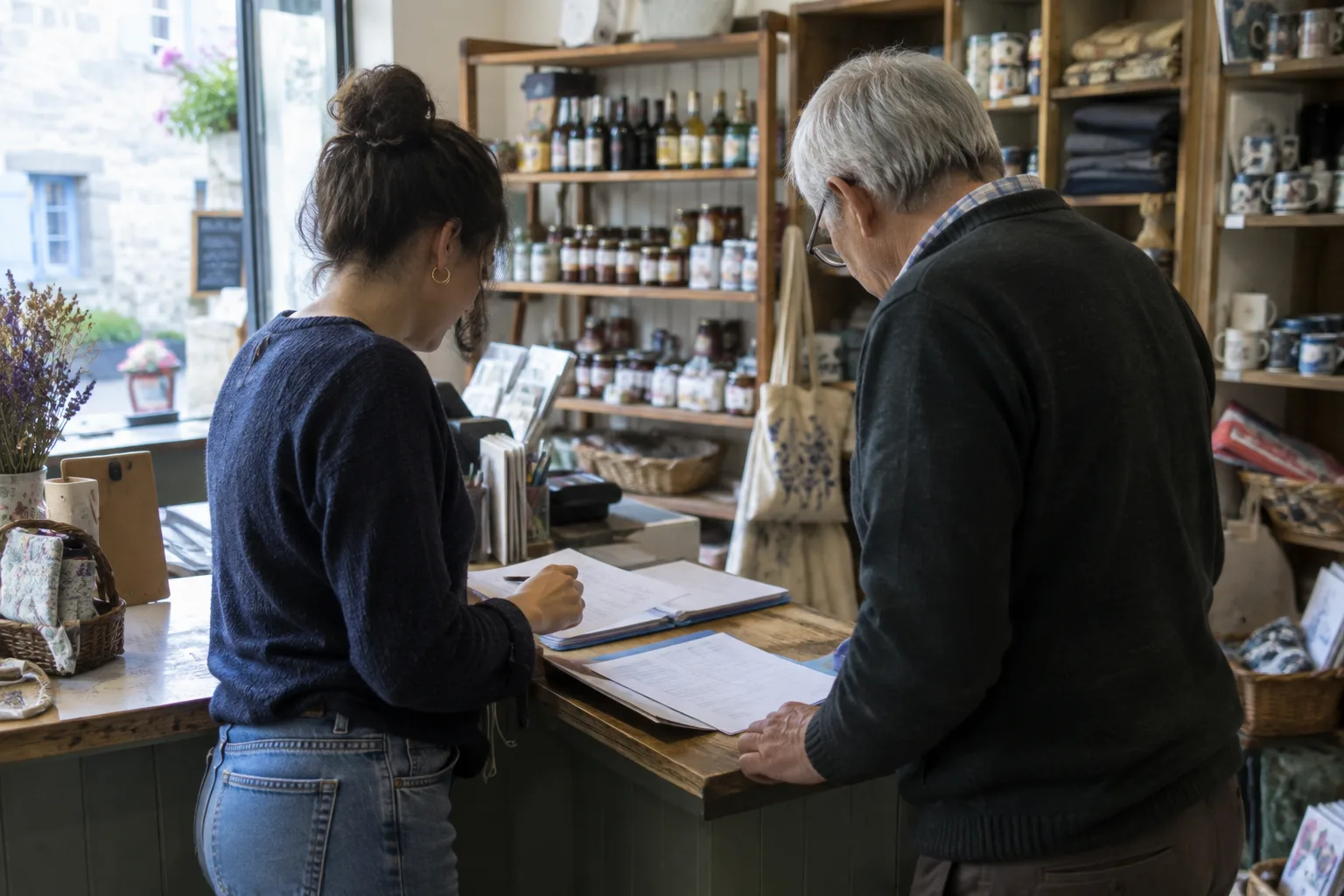 Deux personnes examinent des documents dans une boutique indépendante.