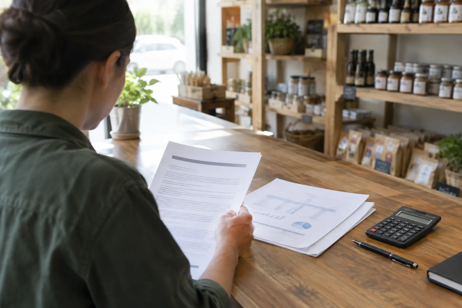 Des documents et une calculatrice sont examinés sur le comptoir d’un commerce.