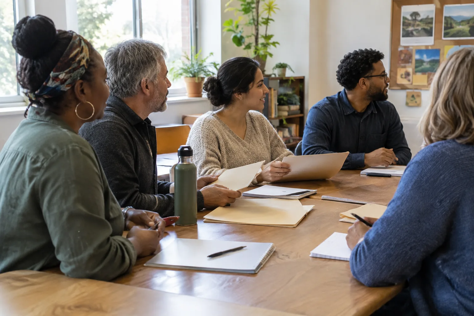 Des participants échangent autour de documents lors d’une réunion locale d’information.