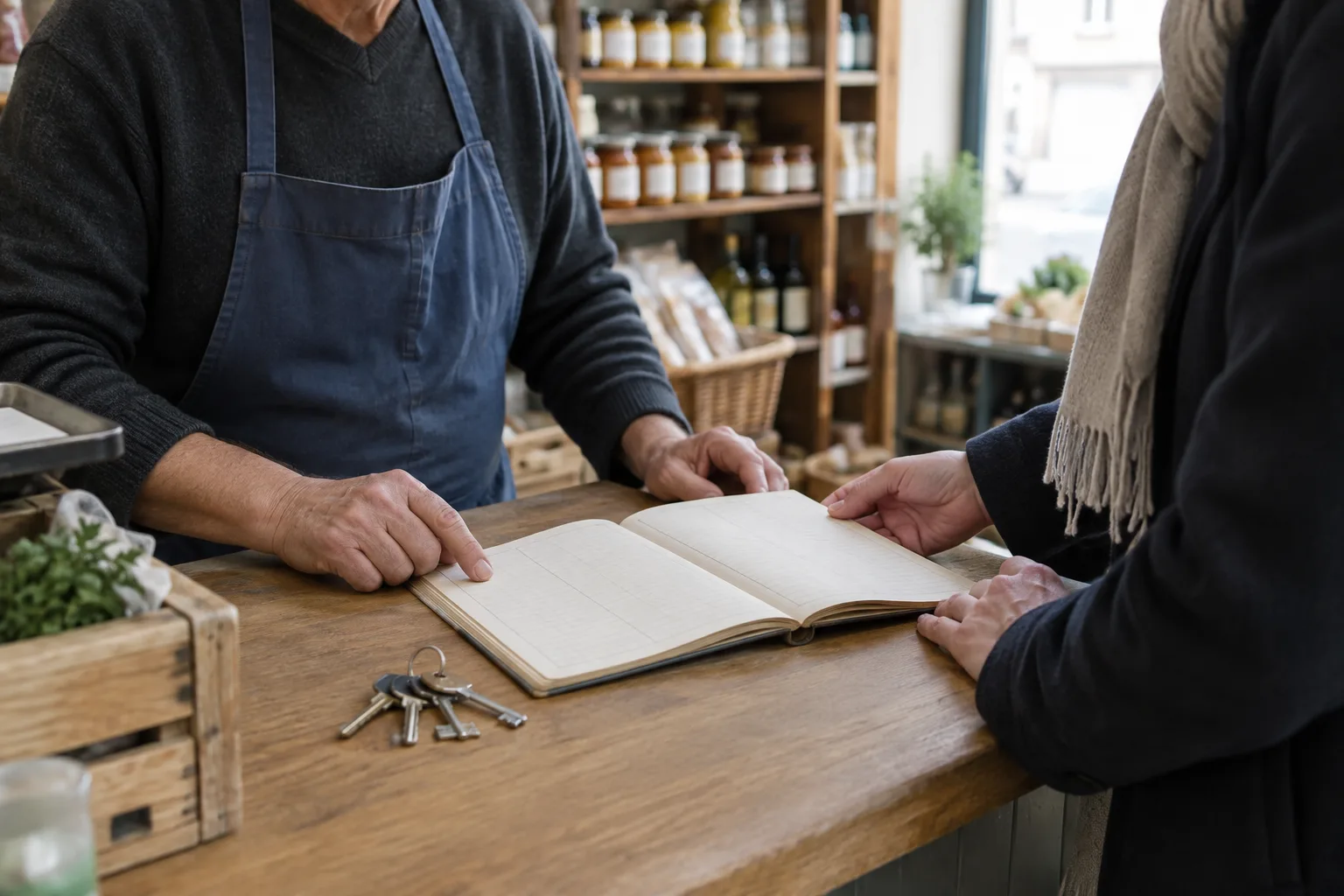 Des mains consultent un registre près de clés posées sur le comptoir d’un commerce.