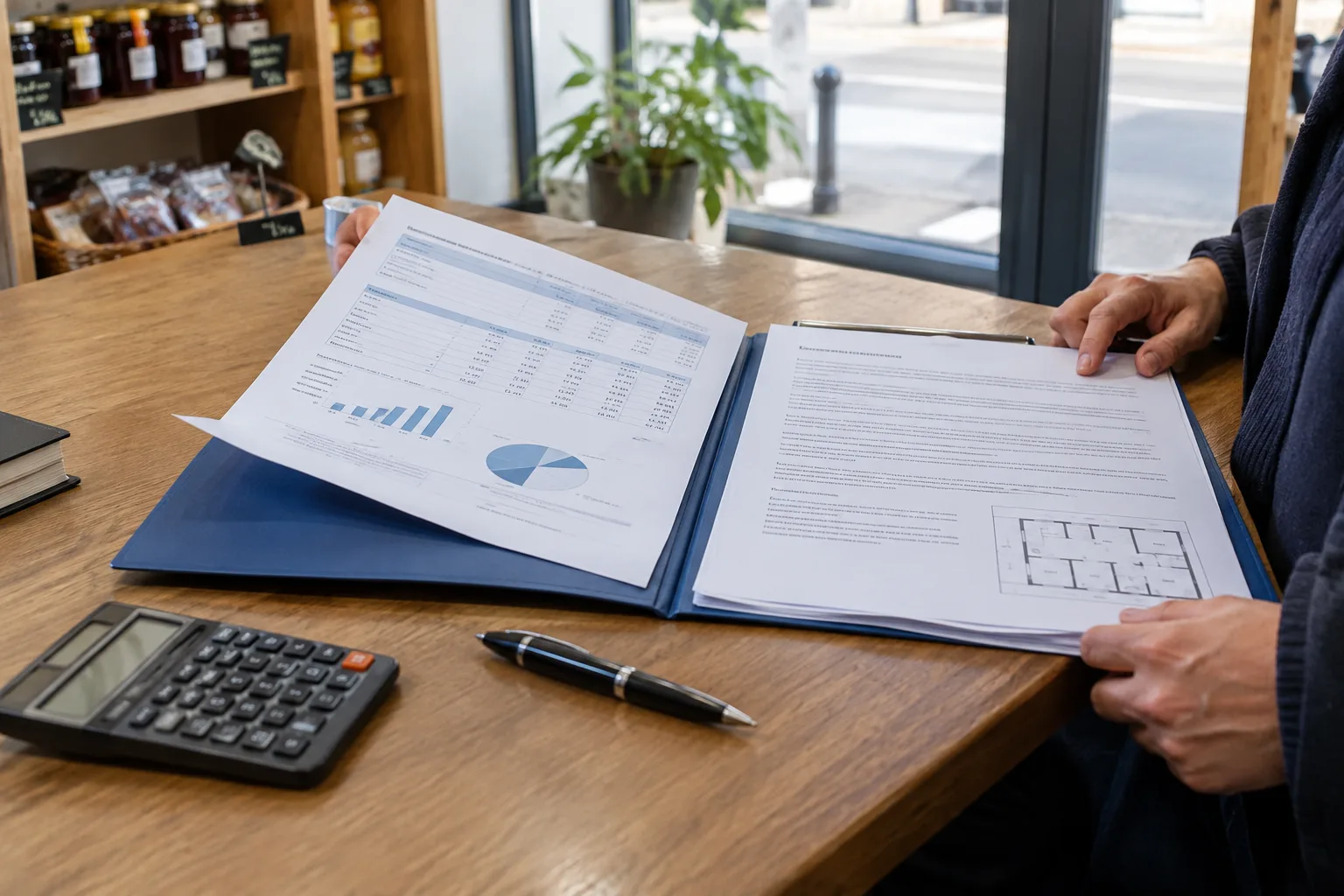 Des documents financiers et un bail commercial sont examinés sur un comptoir.