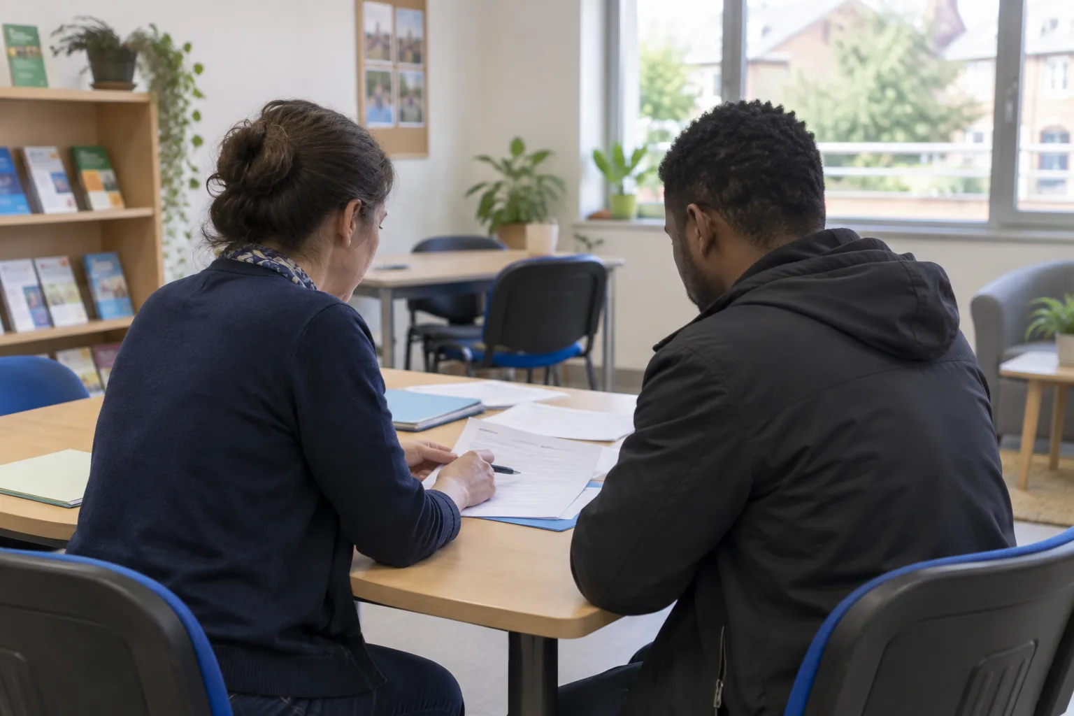 Une personne accompagnée examine des documents administratifs avec un conseiller.