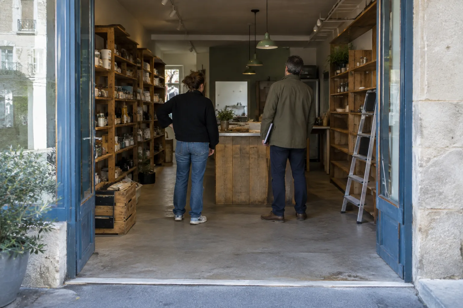Deux personnes observent l’intérieur d’un commerce avant une possible reprise.