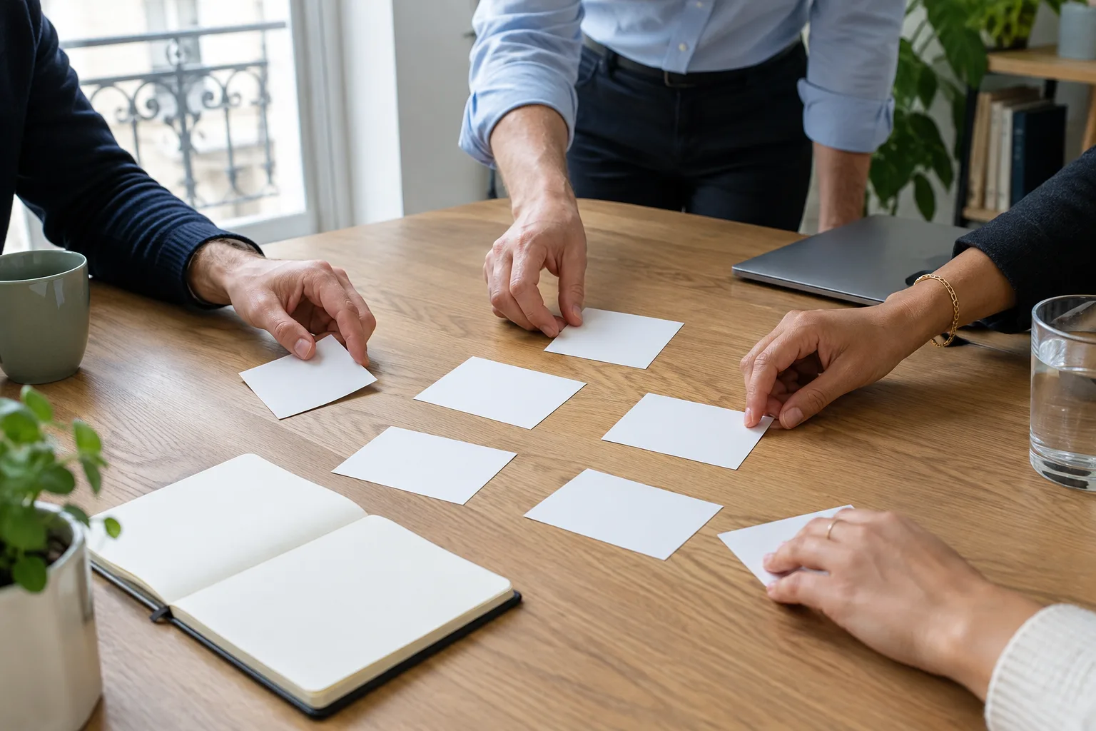 Des mains organisent des fiches vierges et un carnet lors d’une réunion de travail.