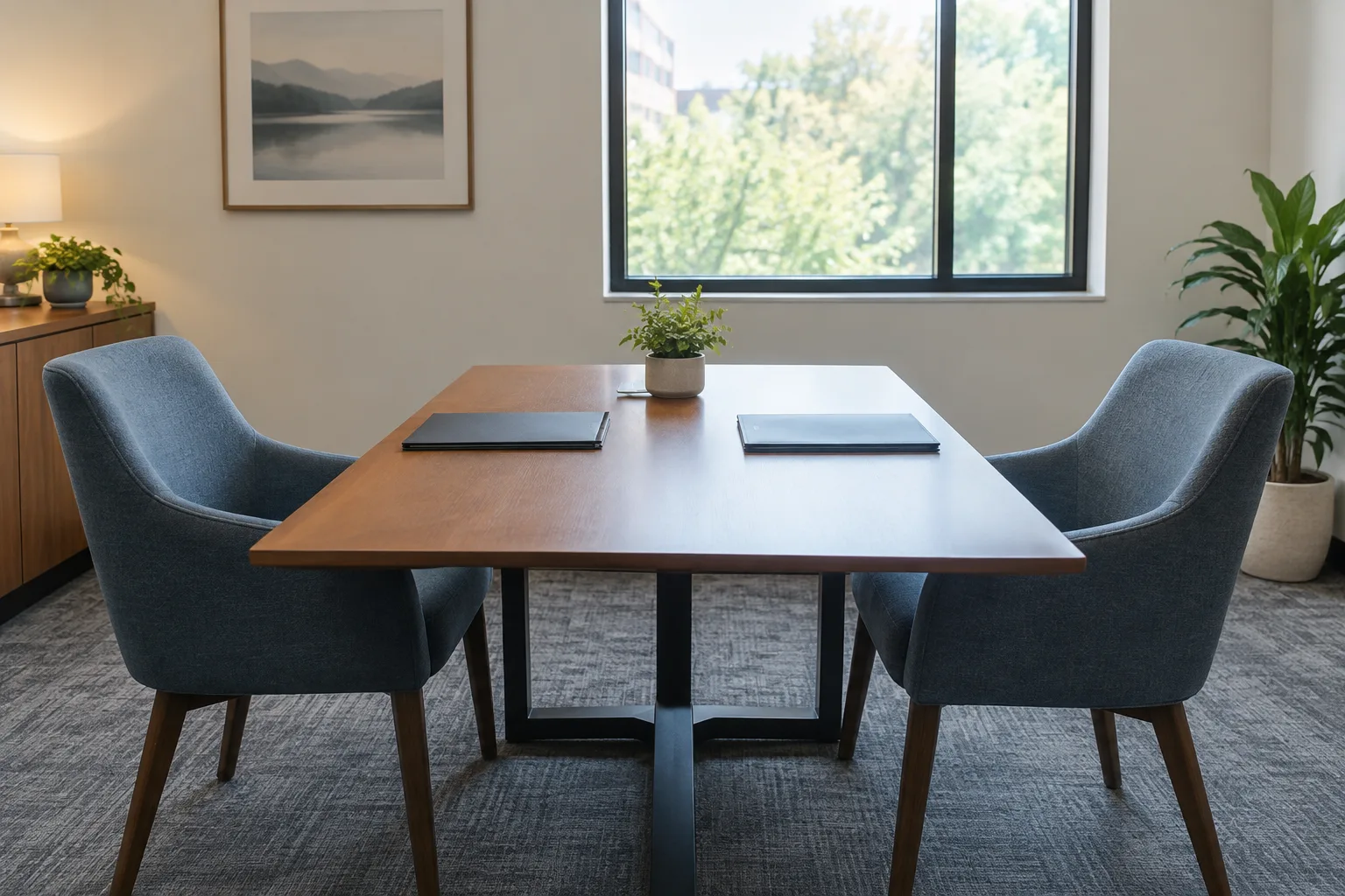 Deux chaises sont installées face à face dans une salle de réunion, avec des dossiers fermés sur la table.