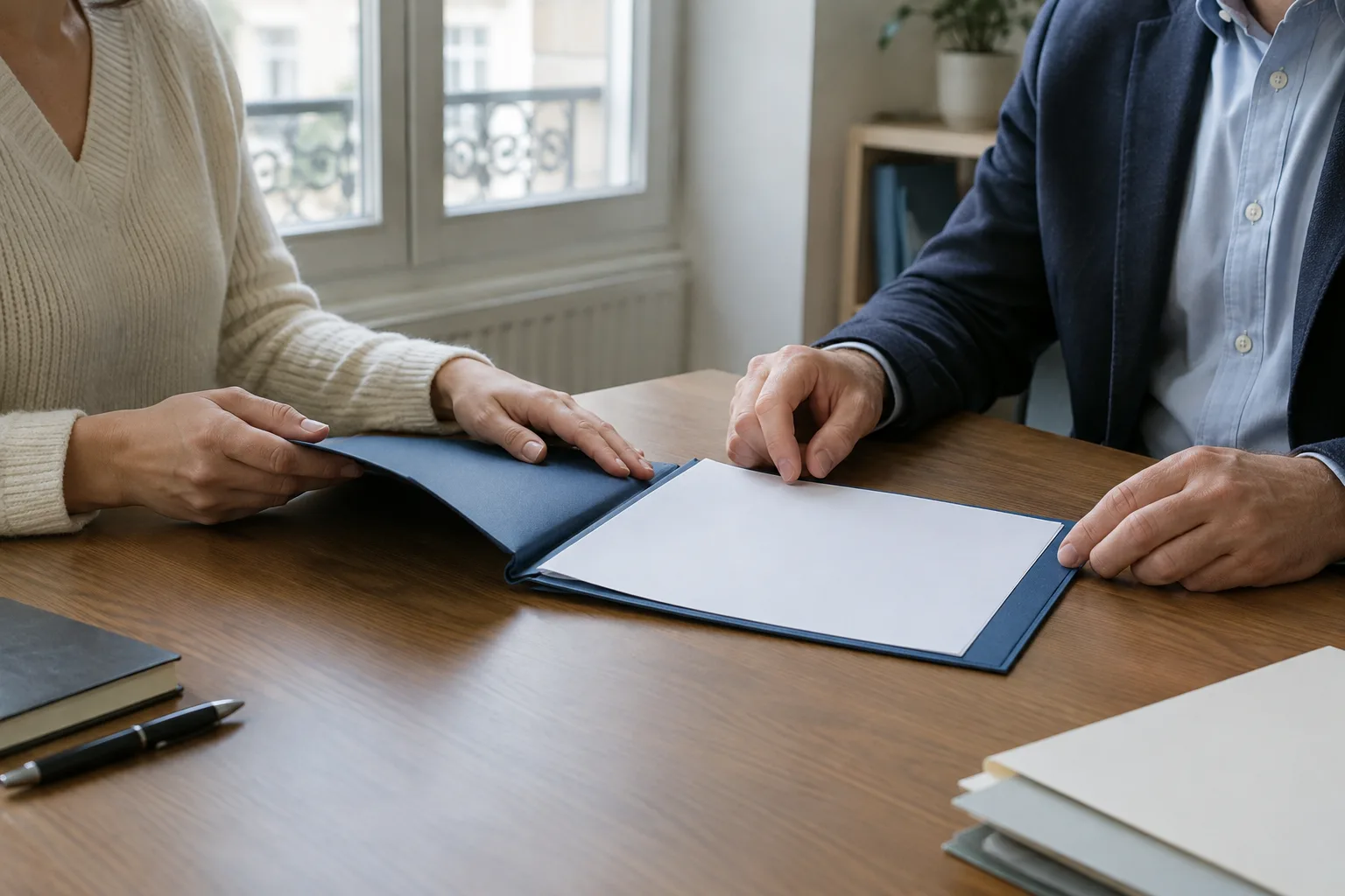 Deux partenaires examinent des documents dans un bureau, sans que leurs visages soient visibles.