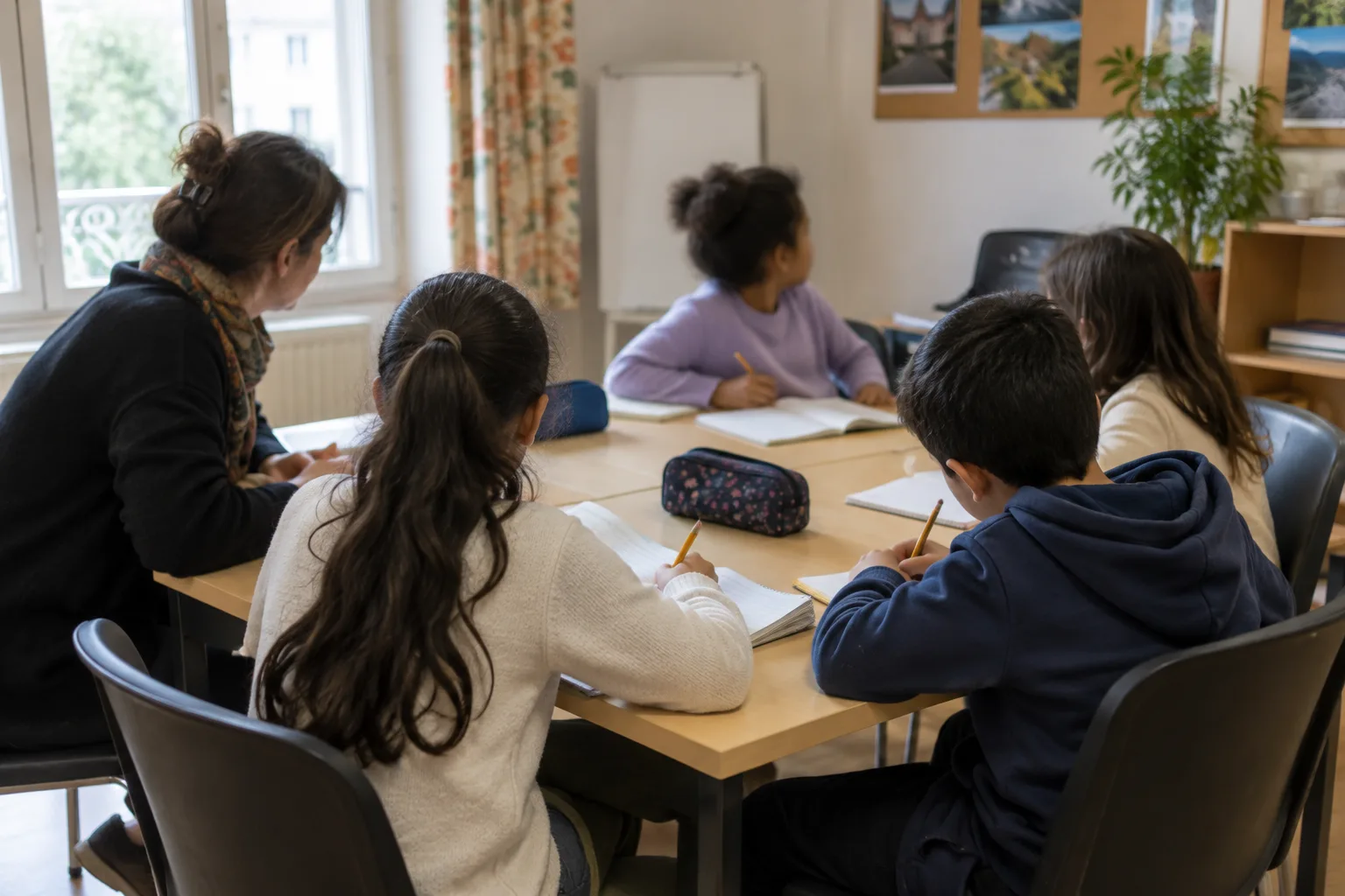 Des enfants participent à une activité linguistique autour d’une table dans une salle associative.