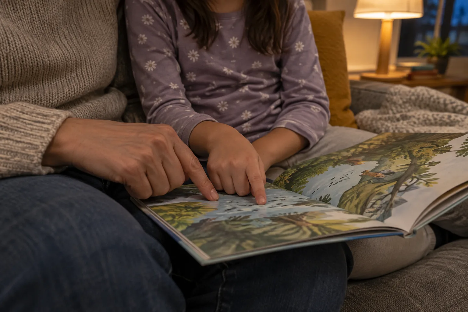 Un parent et un enfant lisent ensemble un livre ouvert, leurs visages hors du cadre.