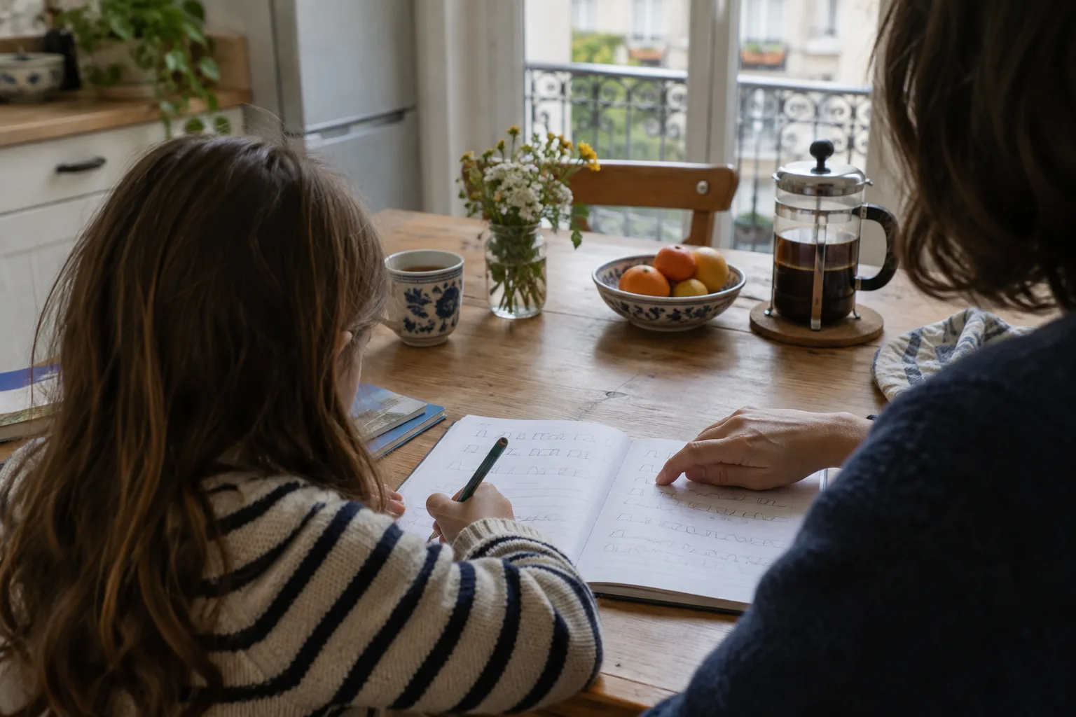Un adulte et un enfant partagent un moment de lecture et d’apprentissage à une table familiale.