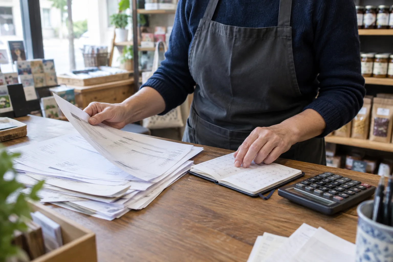 Des factures, un calendrier et une calculatrice sont disposés sur le comptoir d’un commerce.