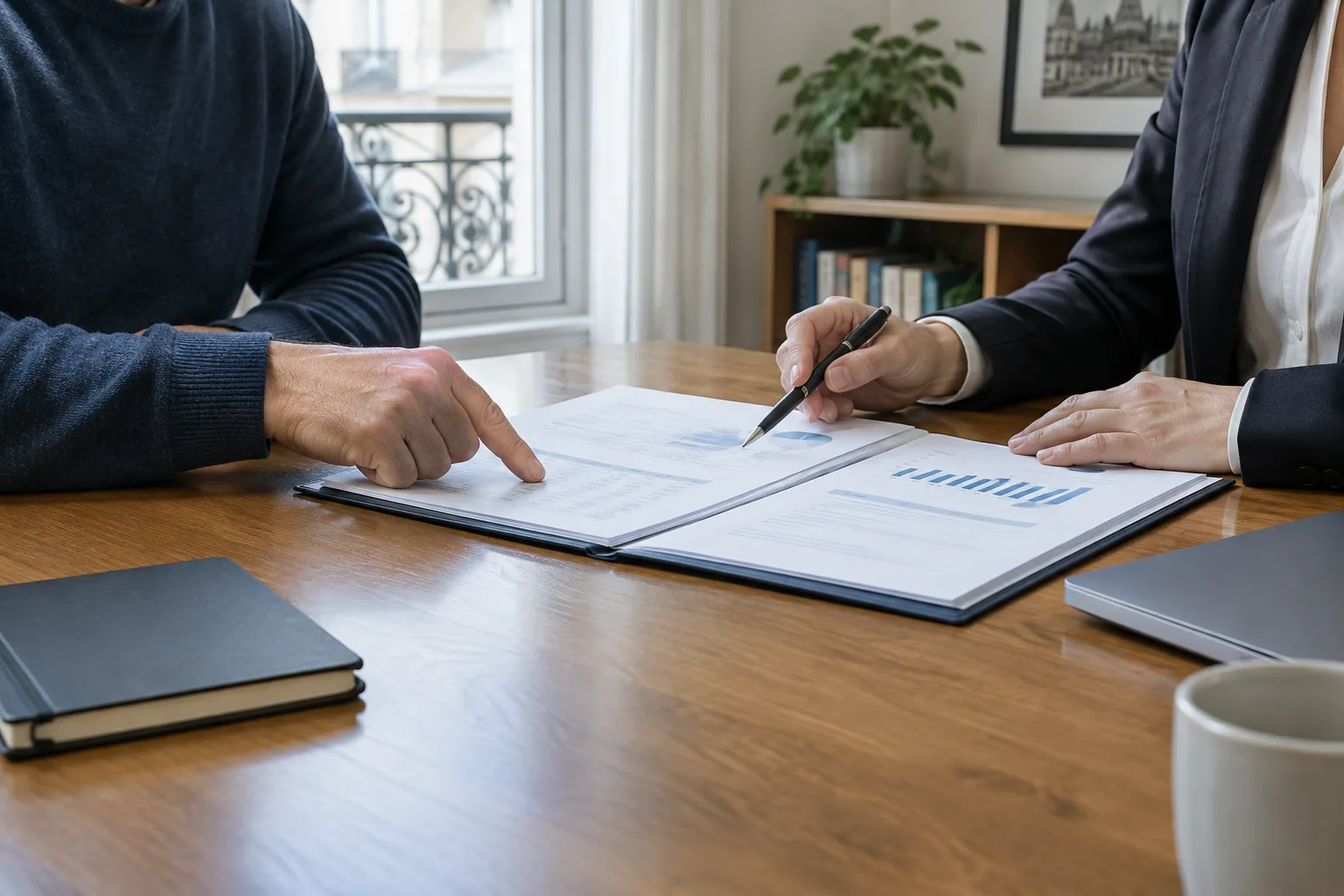 Un dirigeant et un conseiller examinent ensemble des documents financiers lors d’un rendez-vous.
