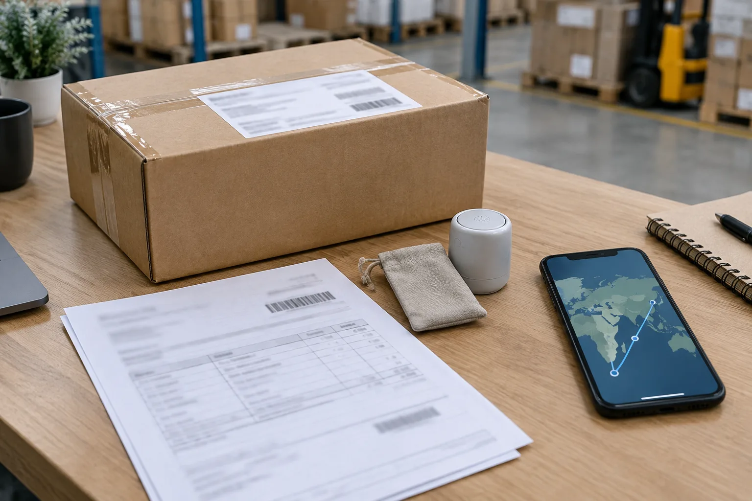 Un colis, un échantillon de produit et des documents d’expédition évoquent les étapes d’un flux commercial transfrontalier.