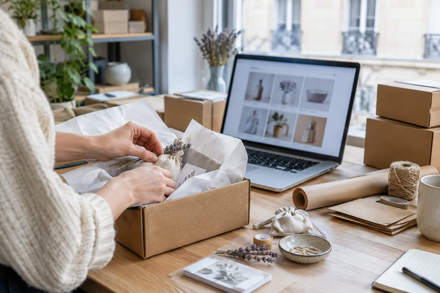 Des mains préparent un colis dans un petit espace de vente en ligne, près d’un ordinateur et de produits à expédier.