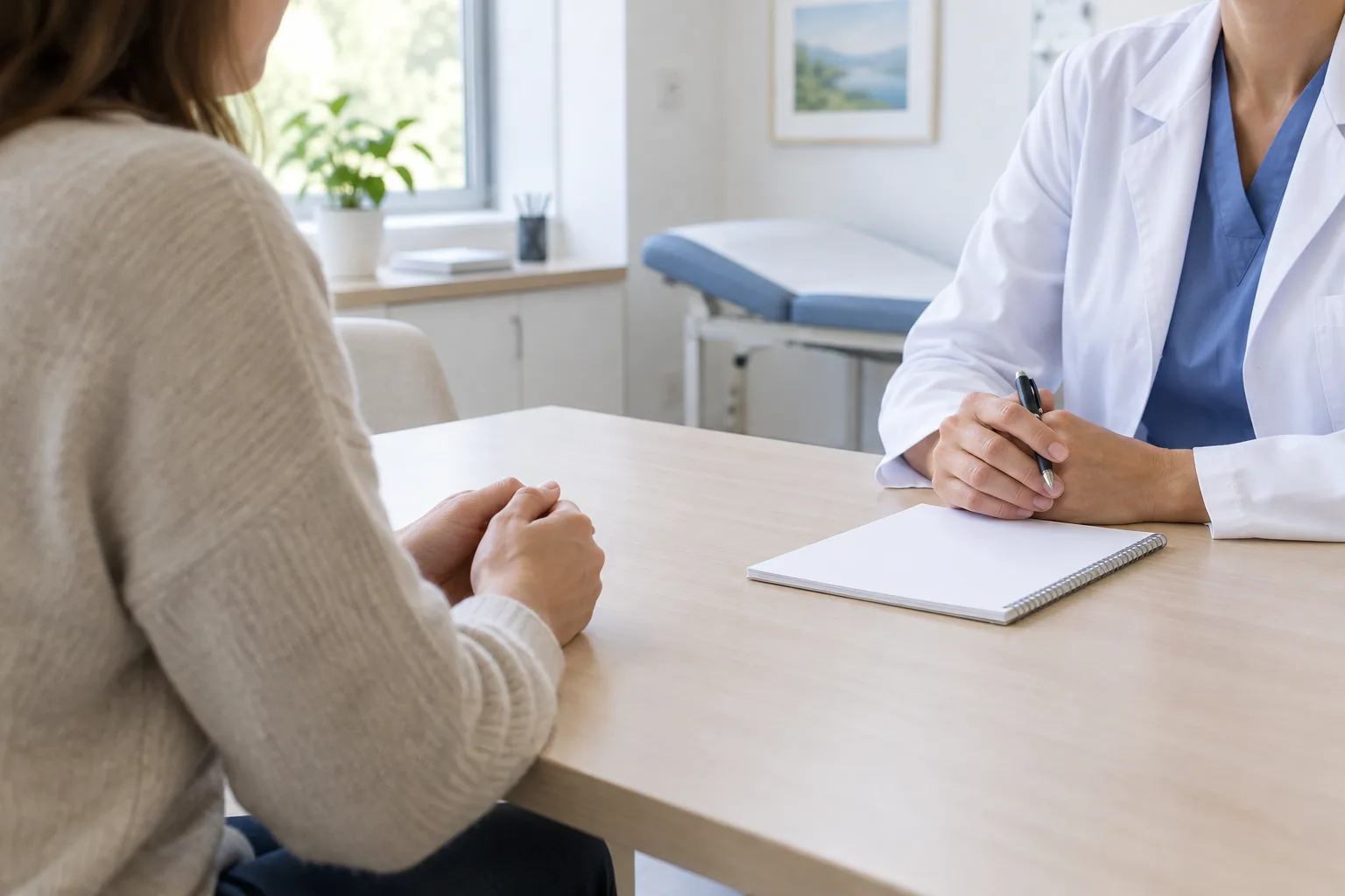 Une personne prépare ses questions avant un échange avec un professionnel de santé.