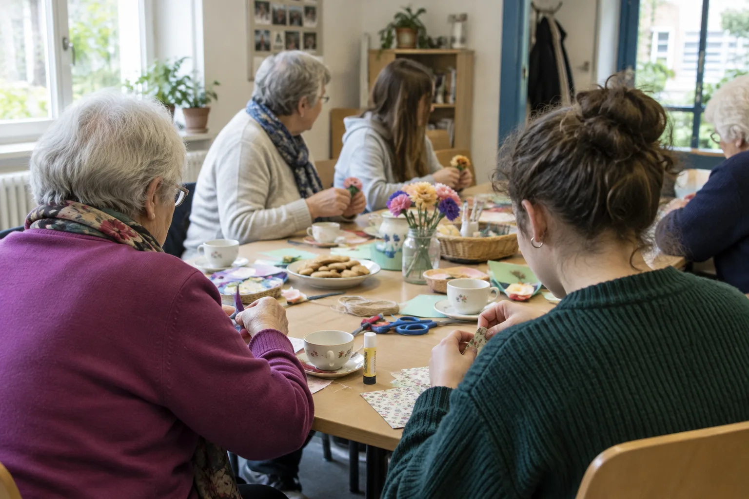Des personnes de plusieurs générations participent à une activité dans un local associatif.