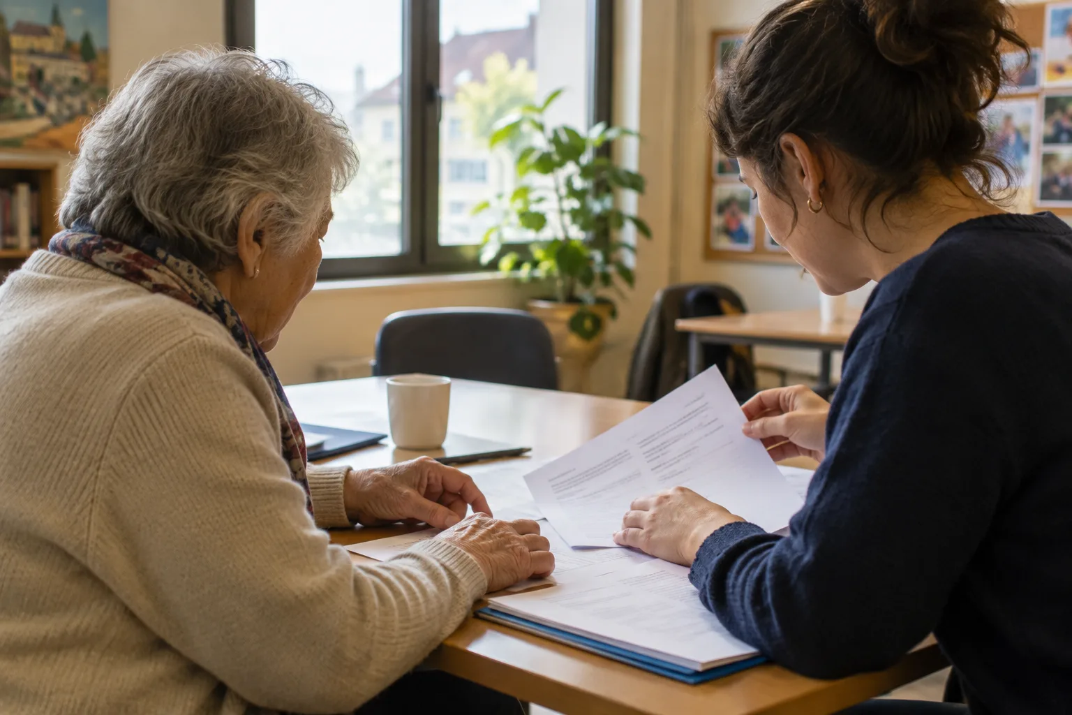 Une personne âgée échange avec une bénévole autour de documents dans un lieu associatif.