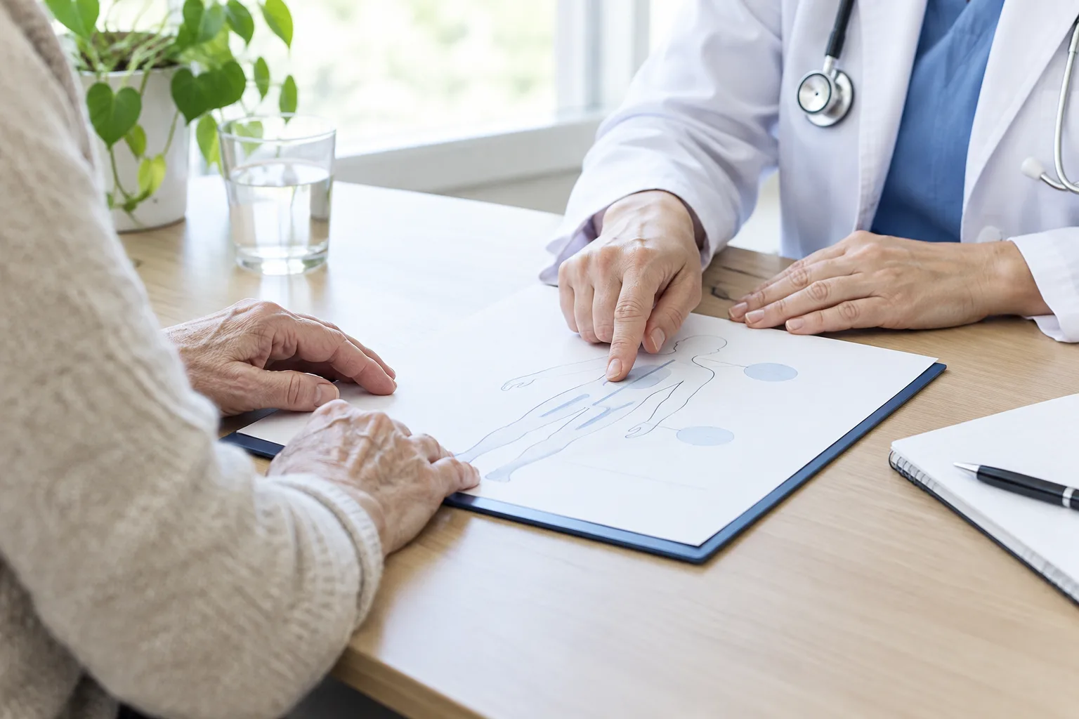 Une personne âgée et une professionnelle de santé échangent autour d’un document lors d’un rendez-vous.