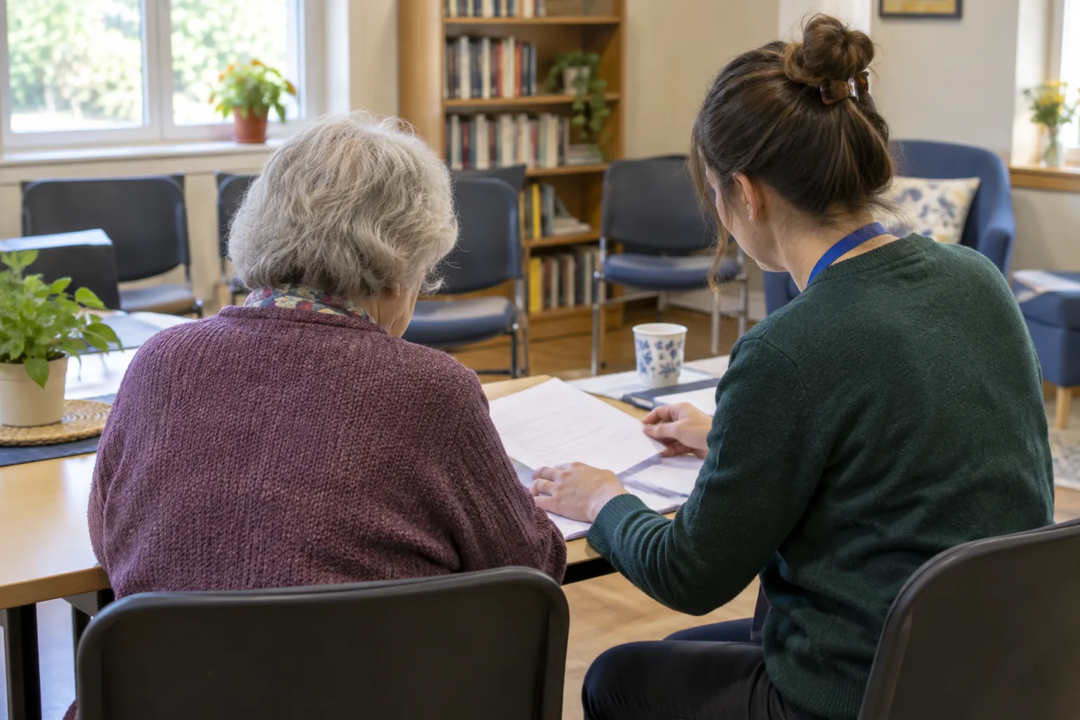 Une personne âgée et une bénévole consultent des documents dans une salle associative de quartier.