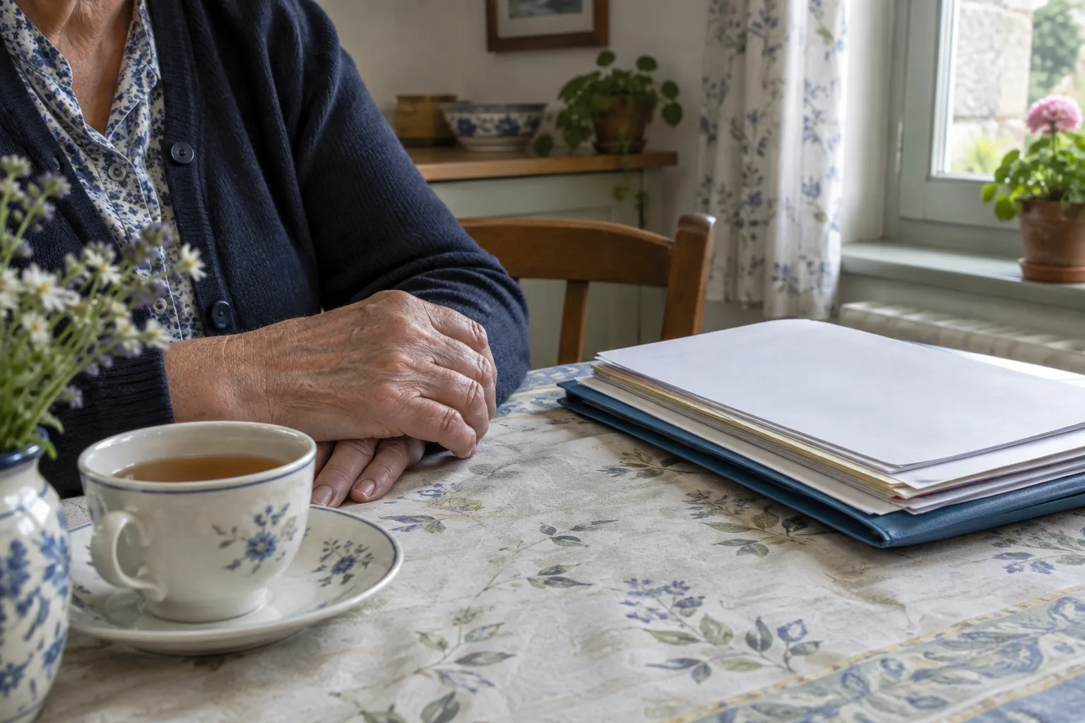 Les mains d’une personne âgée près d’un dossier de documents, sur une table éclairée par la lumière d’une fenêtre.