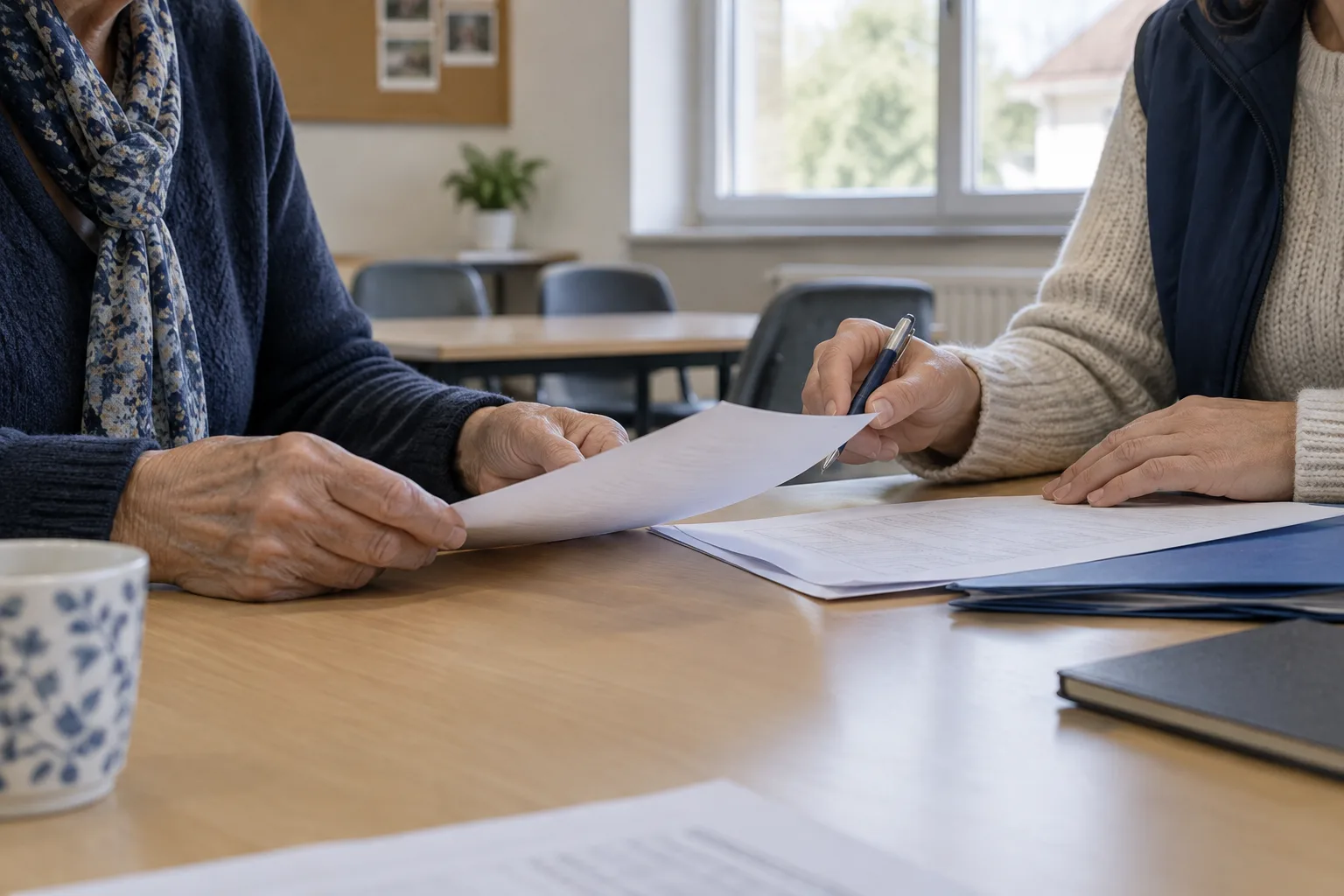 Une personne âgée et une bénévole consultent des documents dans une salle associative.